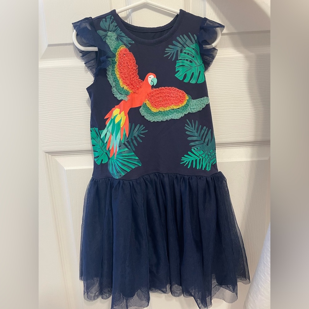 Girls navy blue dress with parrot design